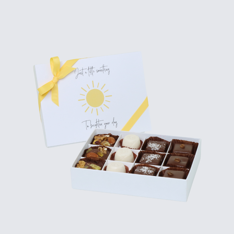 "BRIGHTEN YOUR DAY" SUN DESIGNED CHOCOLATE 12-PIECE CHOCOLATE HARD BOX