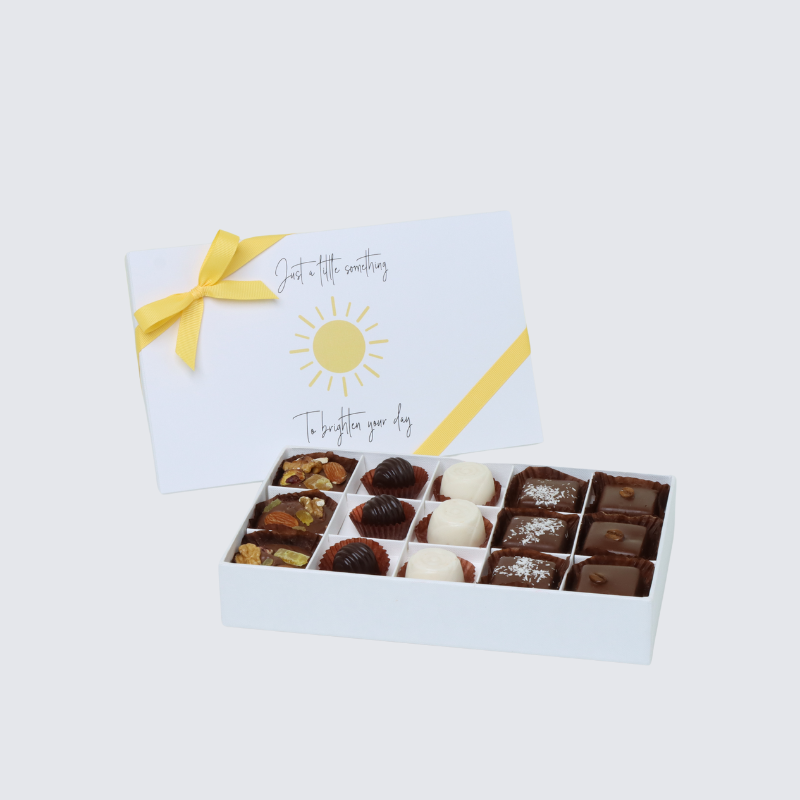 "BRIGHTEN YOUR DAY" SUN DESIGNED CHOCOLATE 15-PIECE CHOCOLATE HARD BOX