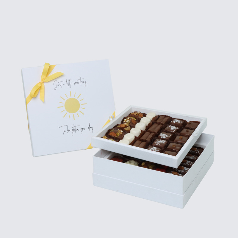 "BRIGHTEN YOUR DAY" SUN DESIGNED CHOCOLATE 50-PIECE CHOCOLATE HARD BOX