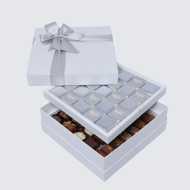 "BRIGHTEN YOUR DAY" SILVER DESIGNED 50-PIECE CHOCOLATE HARD BOX