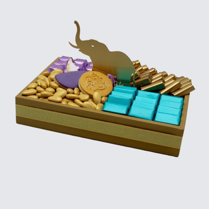 DIWALI DECORATED CHOCOLATE AND ALMOND DRAGEES LEATHER TRAY