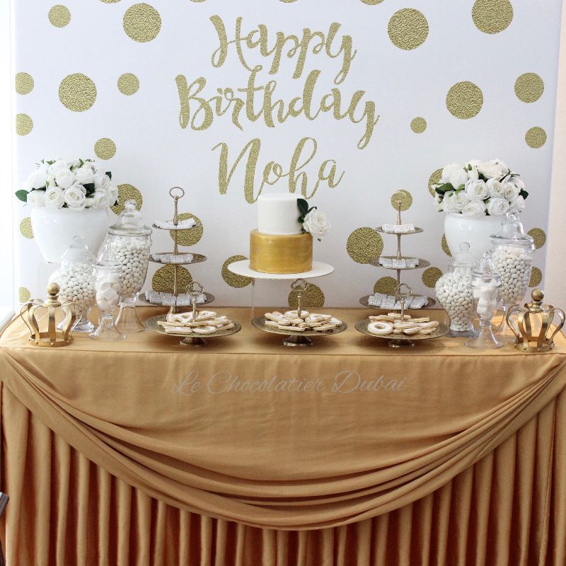 BIRTHDAY GOLD WHITE DESSERT / SWEETS TABLE