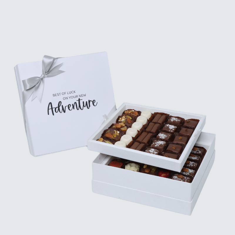 "GOOD LUCK ON YOUR NEW ADVENTURE" 2-LAYER CHOCOLATE HARD BOX
