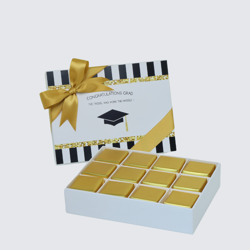 GRADUATION DESIGNED 12-PIECE CHOCOLATE HARD BOX WITH DESIGNED TOP CARD