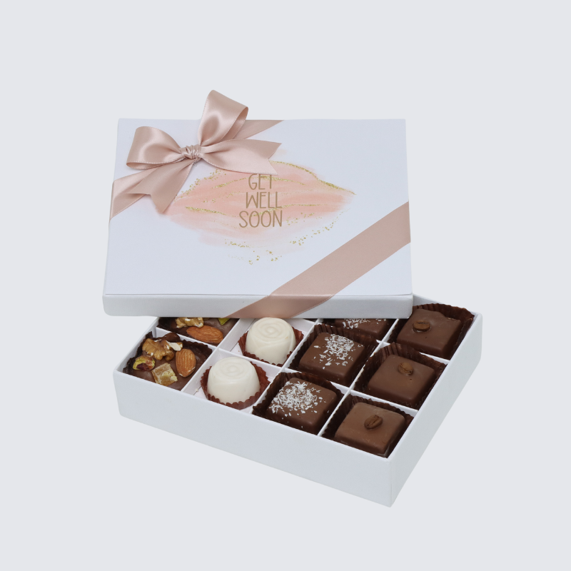 "GET WELL SOON" STAIN TAUPE DESIGN 12-PIECE CHOCOLATE HARD BOX