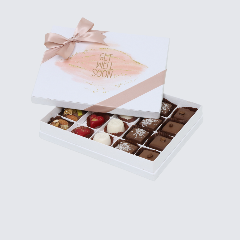 "GET WELL SOON" STAIN TAUPE DESIGN 20-PIECE CHOCOLATE HARD BOX