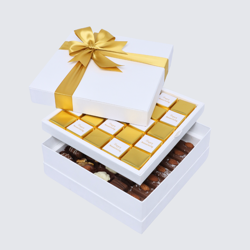"HAPPY ANNIVERSARY" GOLD DESIGNED 2-LAYER CHOCOLATE HARD BOX