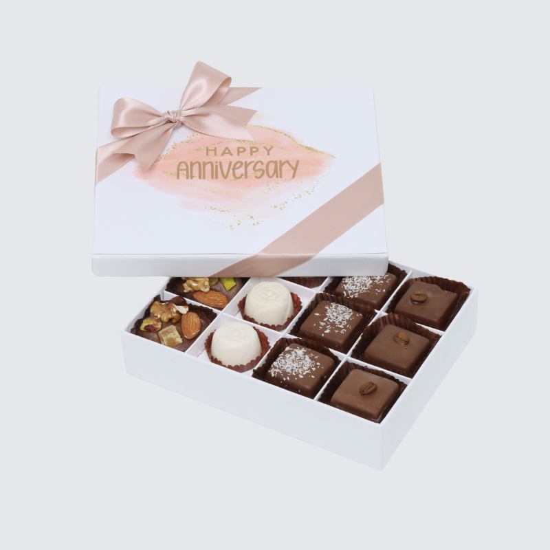 "HAPPY ANNIVERSARY" STAINED TAUPE DESIGNED 12-PIECE CHOCOLATE HARD BOX