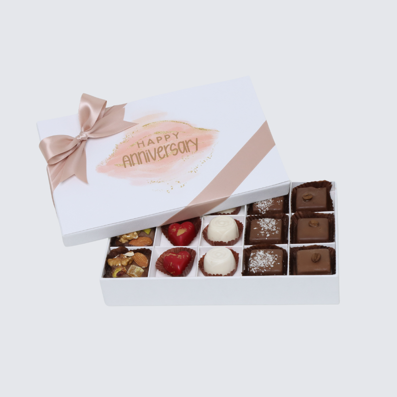 "HAPPY ANNIVERSARY" STAINED TAUPE DESIGNED 15-PIECE CHOCOLATE HARD BOX