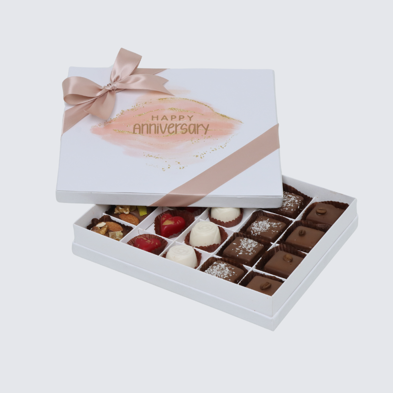 "HAPPY ANNIVERSARY" STAINED TAUPE DESIGNED 20-PIECE CHOCOLATE HARD BOX