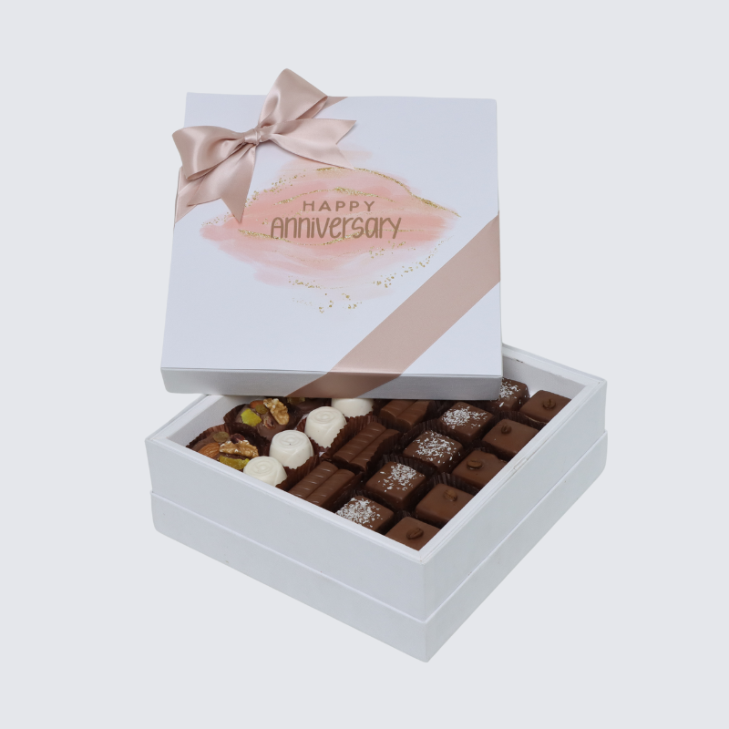 "HAPPY ANNIVERSARY" STAINED TAUPE DESIGNED PREMIUM CHOCOLATE HARD BOX