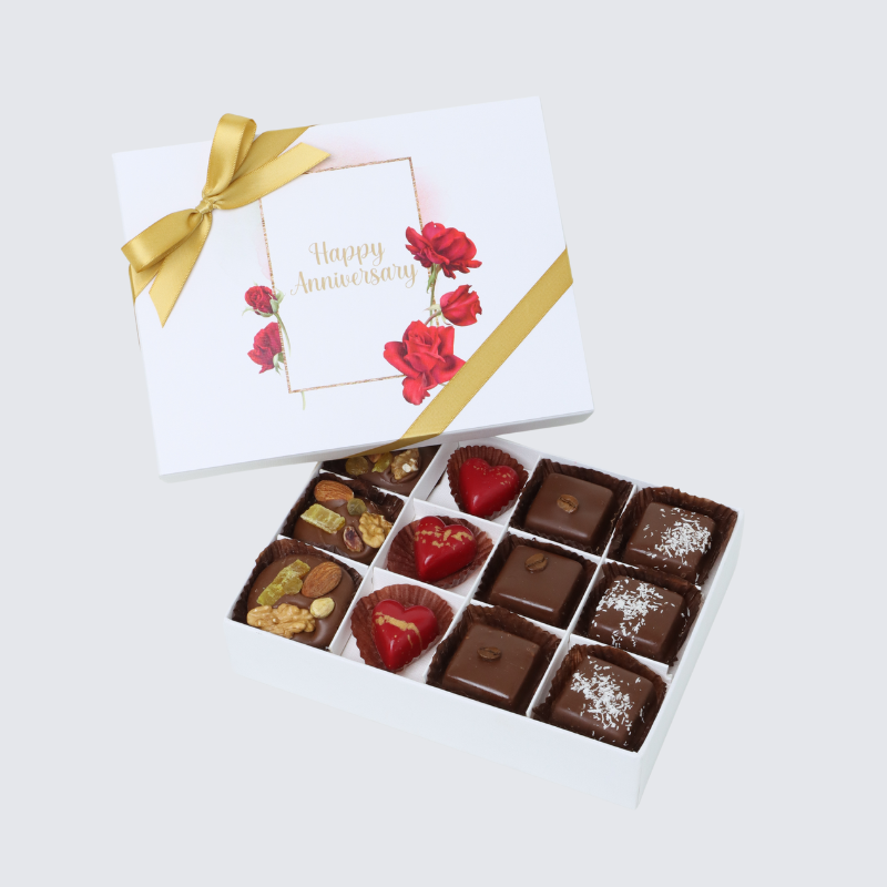 "HAPPY ANNIVERSARY" ROSES FRAME DESIGNED 12-PIECE CHOCOLATE HARD BOX