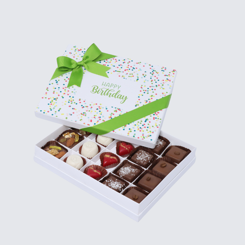 "HAPPY BIRTHDAY" GREEN DESIGNED 20-PIECE CHOCOLATE HARD BOX