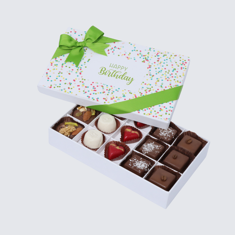 "HAPPY BIRTHDAY" GREEN DESIGNED 15-PIECE CHOCOLATE HARD BOX