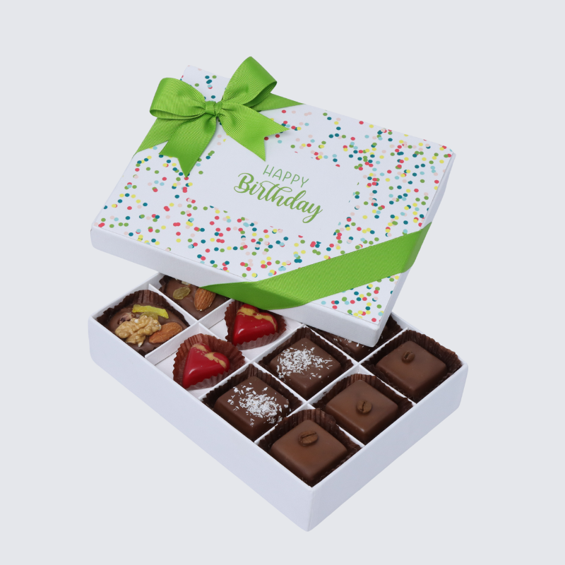 "HAPPY BIRTHDAY" GREEN DESIGNED 12-PIECE CHOCOLATE HARD BOX