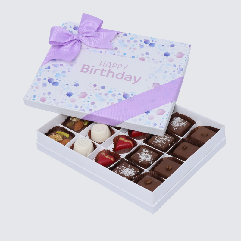 "HAPPY BIRTHDAY" BUBBLE DESIGNED 20-PIECE CHOCOLATE HARD BOX