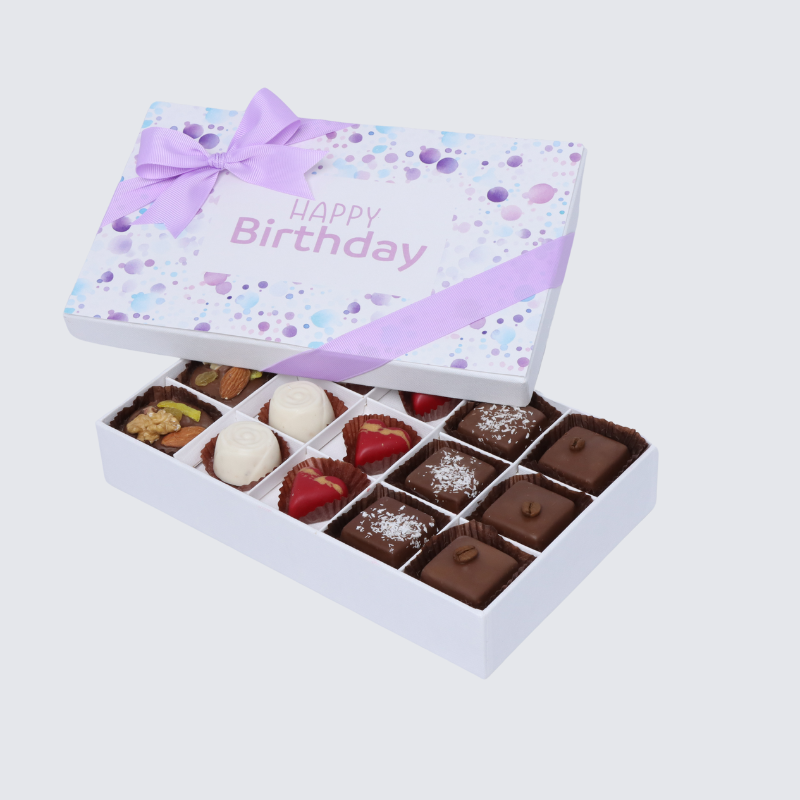 "HAPPY BIRTHDAY" BUBBLE DESIGNED 15-PIECE CHOCOLATE HARD BOX