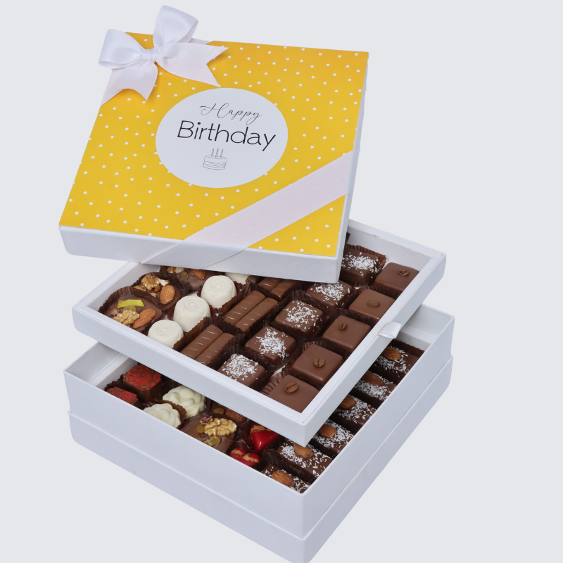 "HAPPY BIRTHDAY" YELLOW POLKA DOT DESIGNED 2-LAYER CHOCOLATE HARD BOX