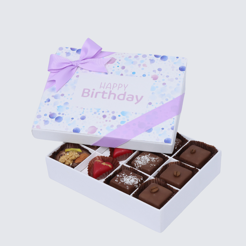 "HAPPY BIRTHDAY" BUBBLE DESIGNED 12-PIECE CHOCOLATE HARD BOX