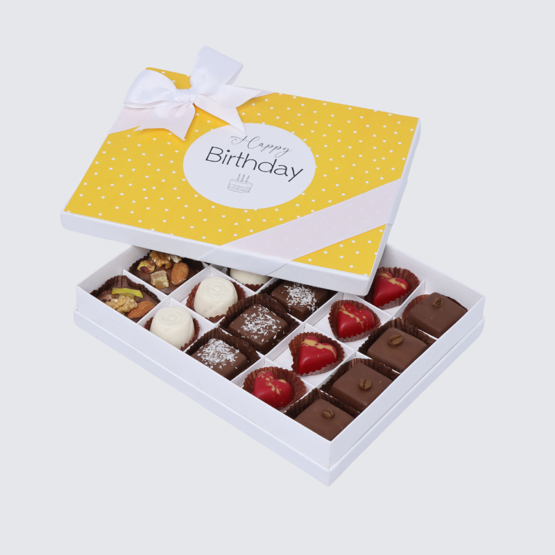 "HAPPY BIRTHDAY" YELLOW POLKA DOT DESIGNED 20-PIECE CHOCOLATE HARD BOX