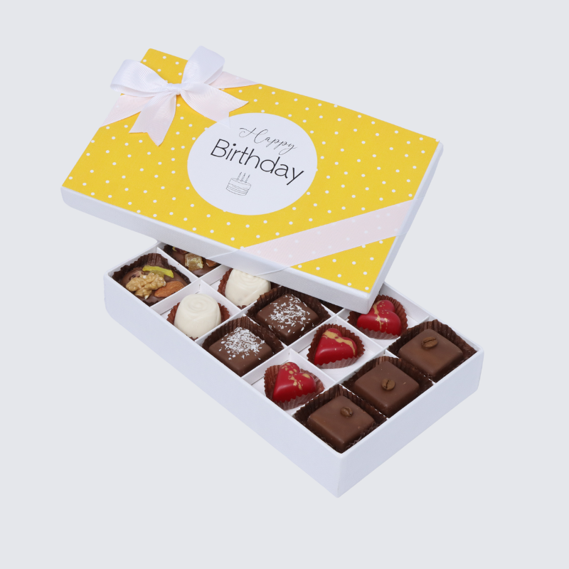 "HAPPY BIRTHDAY" YELLOW POLKA DOT DESIGNED 15-PIECE CHOCOLATE HARD BOX