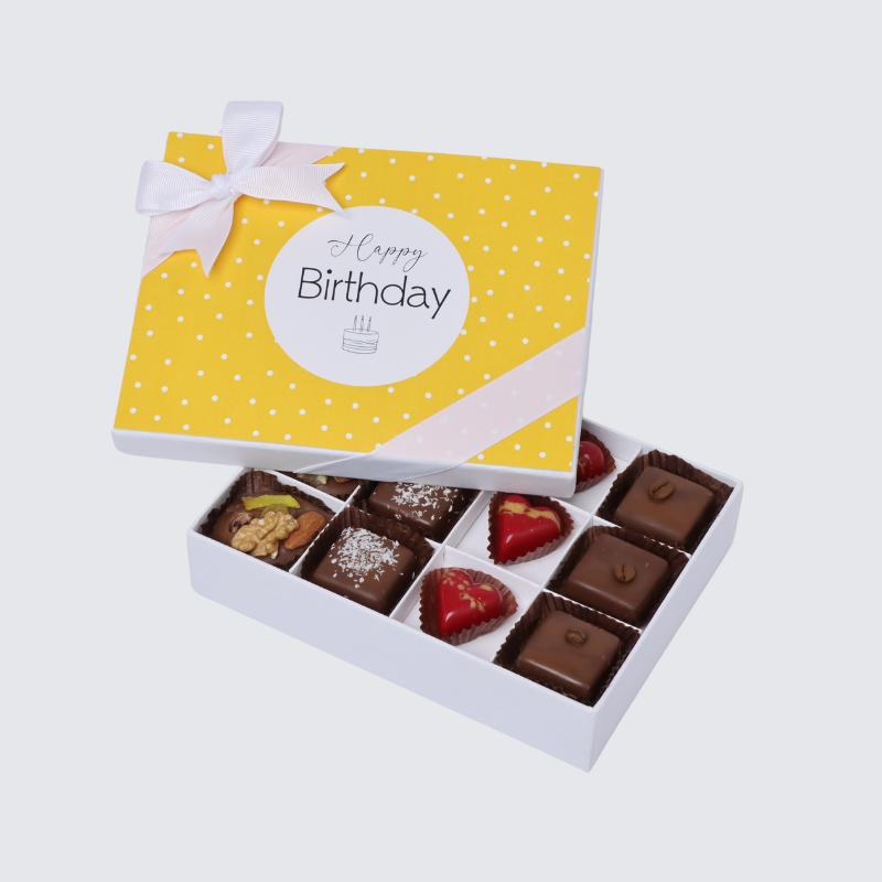 "HAPPY BIRTHDAY"YELLOW POLKA DOT DESIGNED 12-PIECE CHOCOLATE HARD BOX