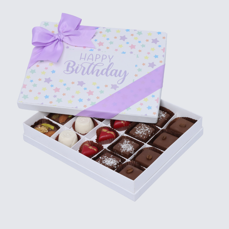 "HAPPY BIRTHDAY" STAR DESIGNED 20-PIECE CHOCOLATE HARD BOX
