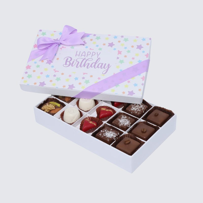 "HAPPY BIRTHDAY" STAR DESIGNED 15-PIECE CHOCOLATE HARD BOX