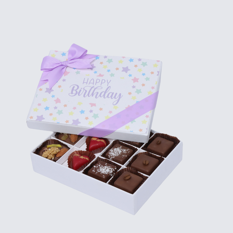 "HAPPY BIRTHDAY" STAR DESIGNED 12-PIECE CHOCOLATE HARD BOX