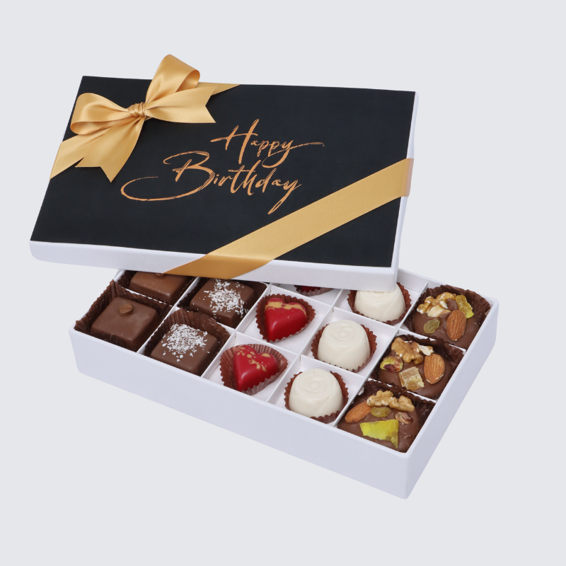 "HAPPY BIRTHDAY" BLACK DESIGNED 15-PIECE CHOCOLATE HARD BOX