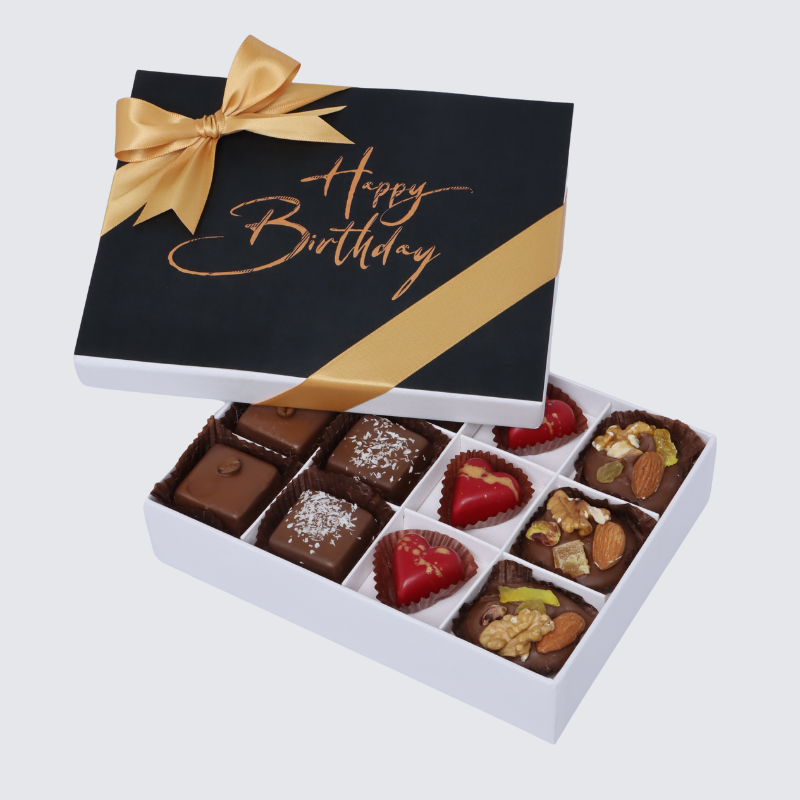 "HAPPY BIRTHDAY" BLACK DESIGNED 12-PIECE CHOCOLATE HARD BOX