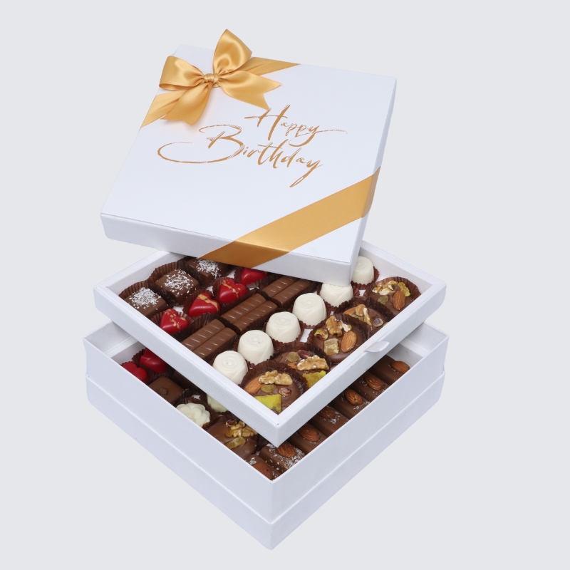 "HAPPY BIRTHDAY" WHITE GOLD DESIGNED 2-LAYER CHOCOLATE HARD BOX