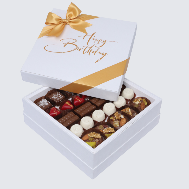 "HAPPY BIRTHDAY" WHITE GOLD DESIGNED PREMIUM CHOCOLATE HARD BOX