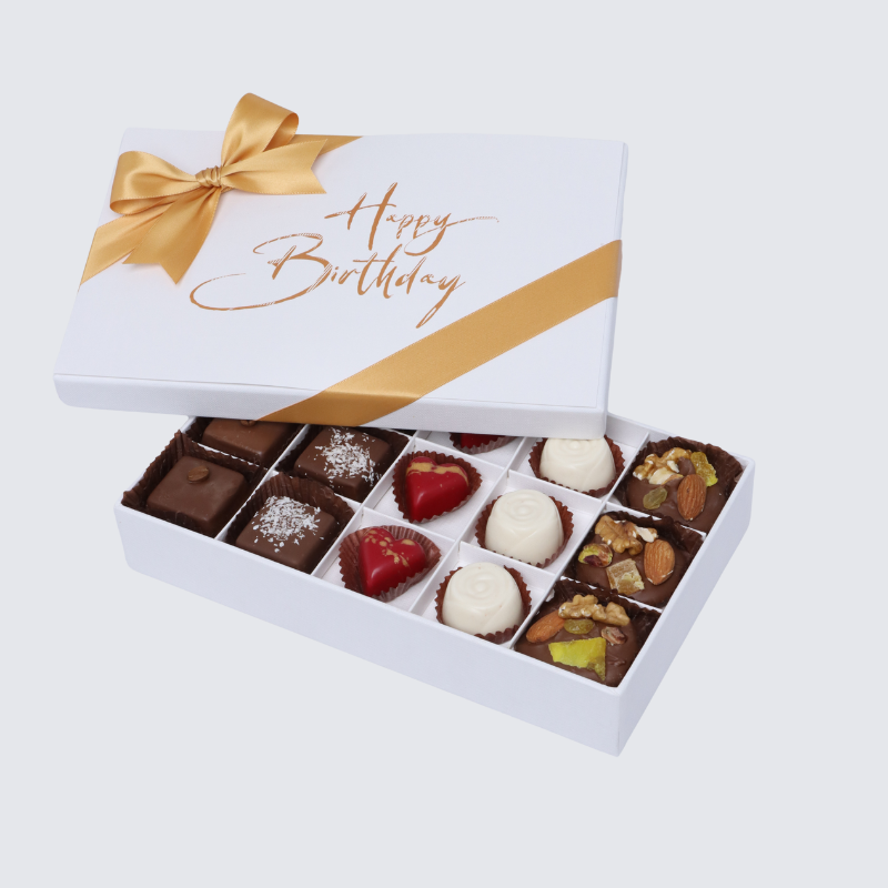 "HAPPY BIRTHDAY" WHITE GOLD DESIGNED 15-PIECE CHOCOLATE HARD BOX