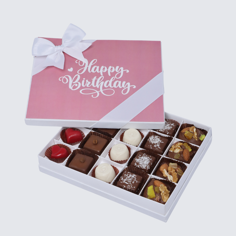 "HAPPY BIRTHDAY" PINK DESIGNED 20-PIECE CHOCOLATE HARD BOX