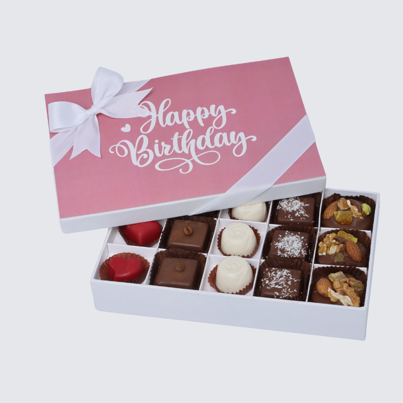 "HAPPY BIRTHDAY" PINK DESIGNED 15-PIECE CHOCOLATE HARD BOX