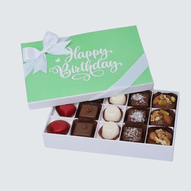 "HAPPY BIRTHDAY" GREEN MINIMALIST DESIGNED 15-PIECE CHOCOLATE HARD BOX