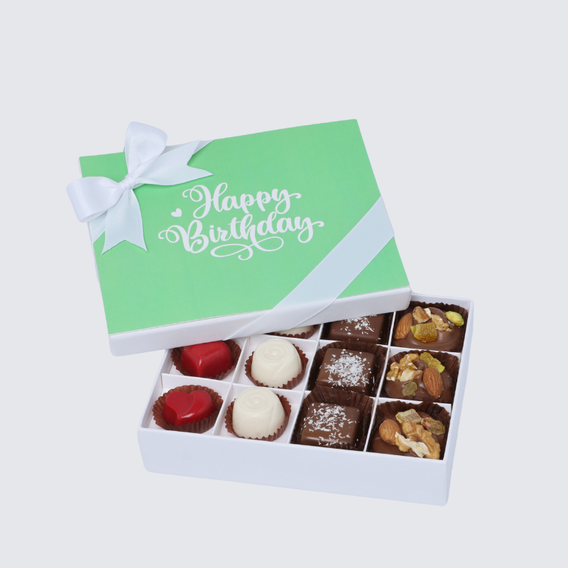 "HAPPY BIRTHDAY" GREEN MINIMALIST DESIGNED 12-PIECE CHOCOLATE HARD BOX