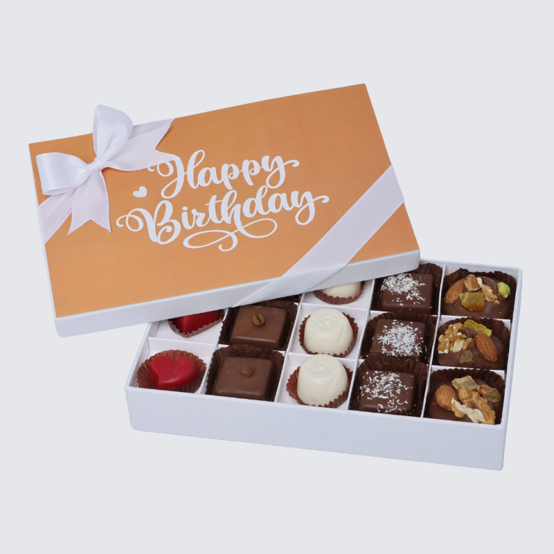 "HAPPY BIRTHDAY" ORANGE MINIMALIST DESIGNED 15-PIECE CHOCOLATE HARD BOX