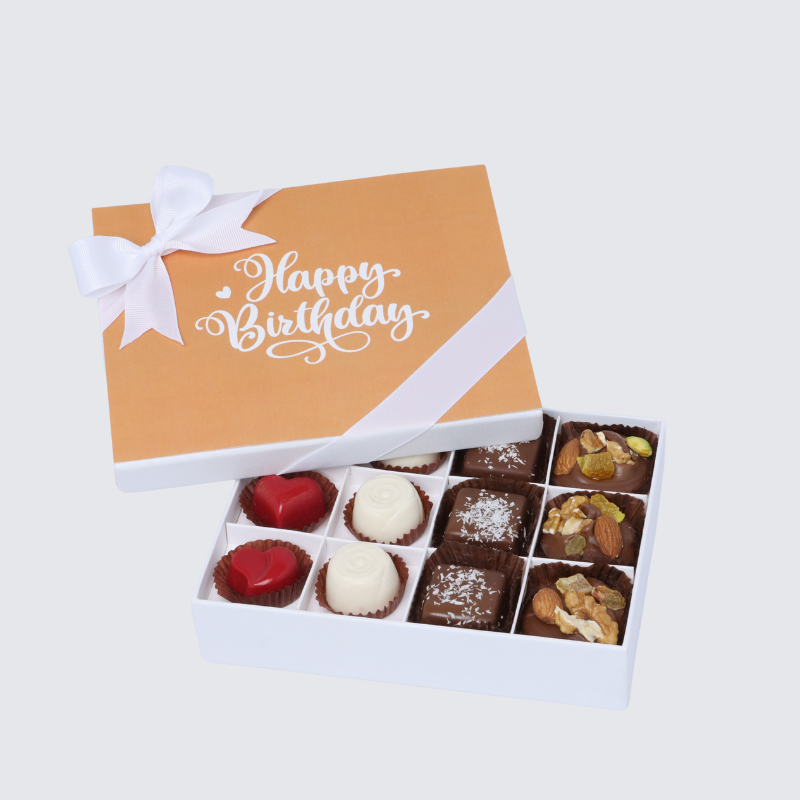 "HAPPY BIRTHDAY" ORANGE MINIMALIST DESIGNED 12-PIECE CHOCOLATE HARD BOX
