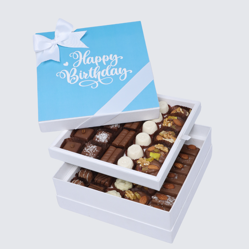 "HAPPY BIRTHDAY" BLUE DESIGNED 2-LAYER CHOCOLATE HARD BOX