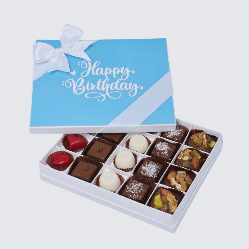 "HAPPY BIRTHDAY" BLUE DESIGNED 20-PIECE CHOCOLATE HARD BOX
