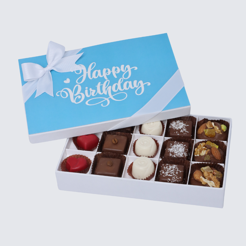 "HAPPY BIRTHDAY" BLUE DESIGNED 15-PIECE CHOCOLATE HARD BOX