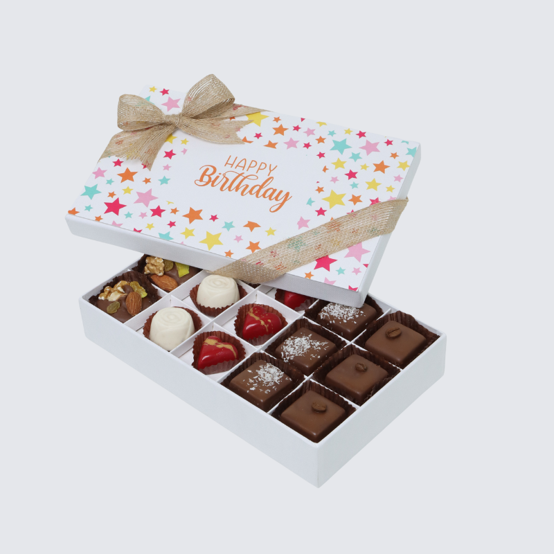 "HAPPY BIRTHDAY" STAR COLORFUL DESIGNED 15-PIECE CHOCOLATE HARD BOX