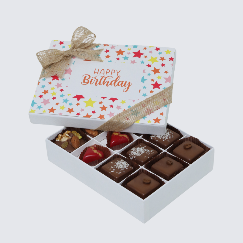 "HAPPY BIRTHDAY" STAR COLORFUL DESIGNED 12-PIECE CHOCOLATE HARD BOX