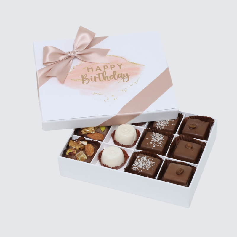"HAPPY BIRTHDAY" STAIN TAUPE DESIGNED 12-PIECE CHOCOLATE HARD BOX