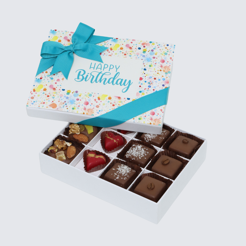 " HAPPY BIRTHDAY " PAINT SPLASH DESIGNED 12-PIECE CHOCOLATE HARD BOX
