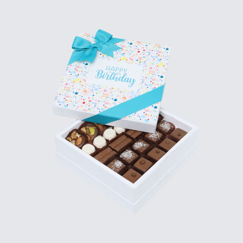 " HAPPY BIRTHDAY " PAINT SPLASH DESIGNED 25-PIECE CHOCOLATE HARD BOX