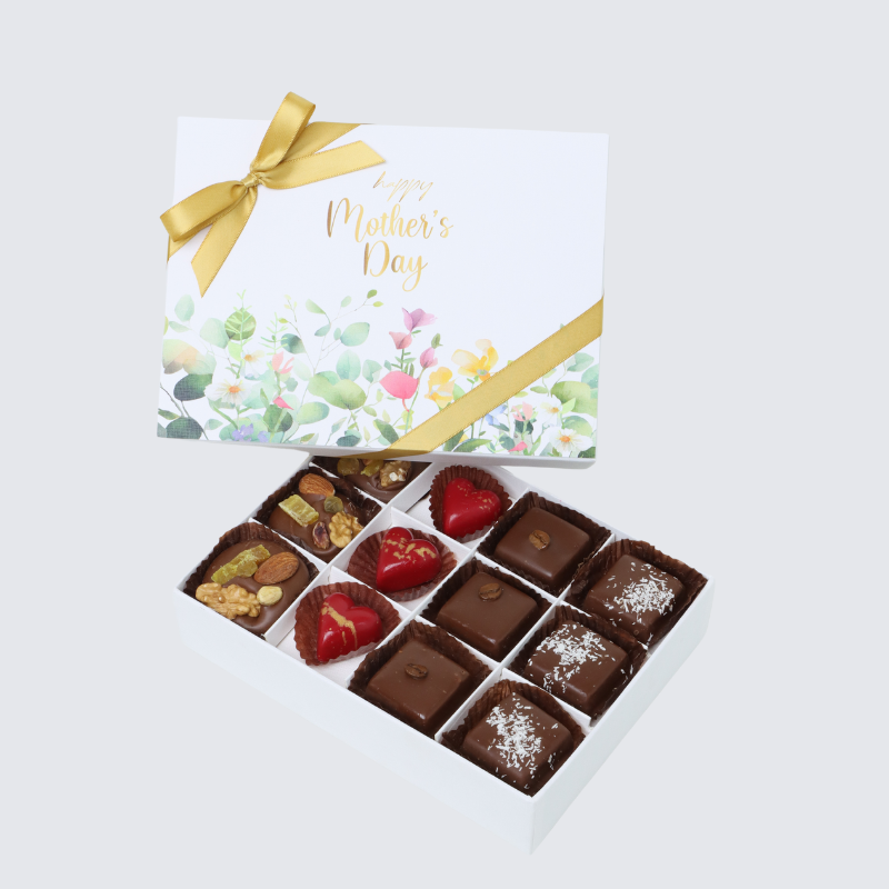 "HAPPY MOTHER'S DAY" FLOWERS DESIGNED 12-PIECE CHOCOLATE HARD BOX