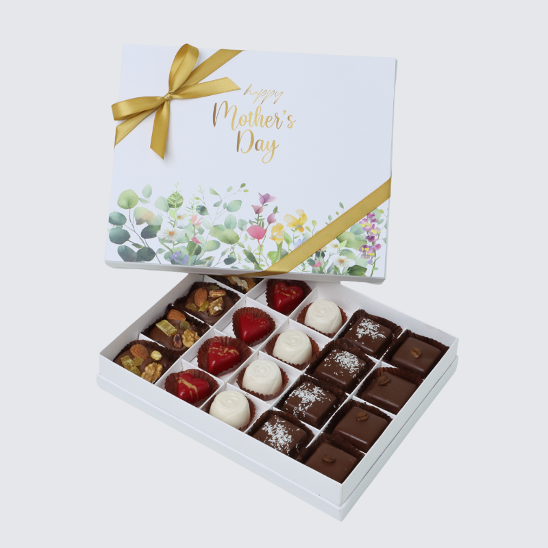 "HAPPY MOTHER'S DAY" FLOWERS DESIGNED 20-PIECE CHOCOLATE HARD BOX